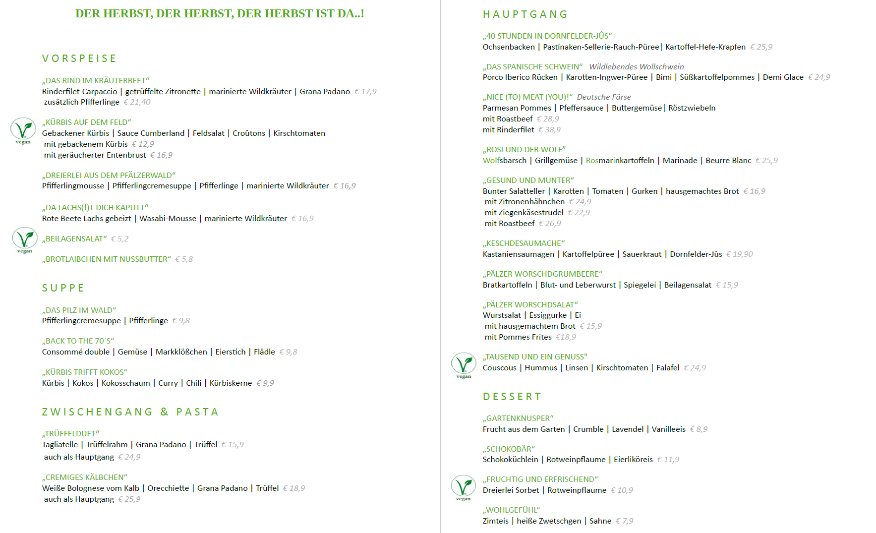 Unsere aktuelle Karte Speisekarte
